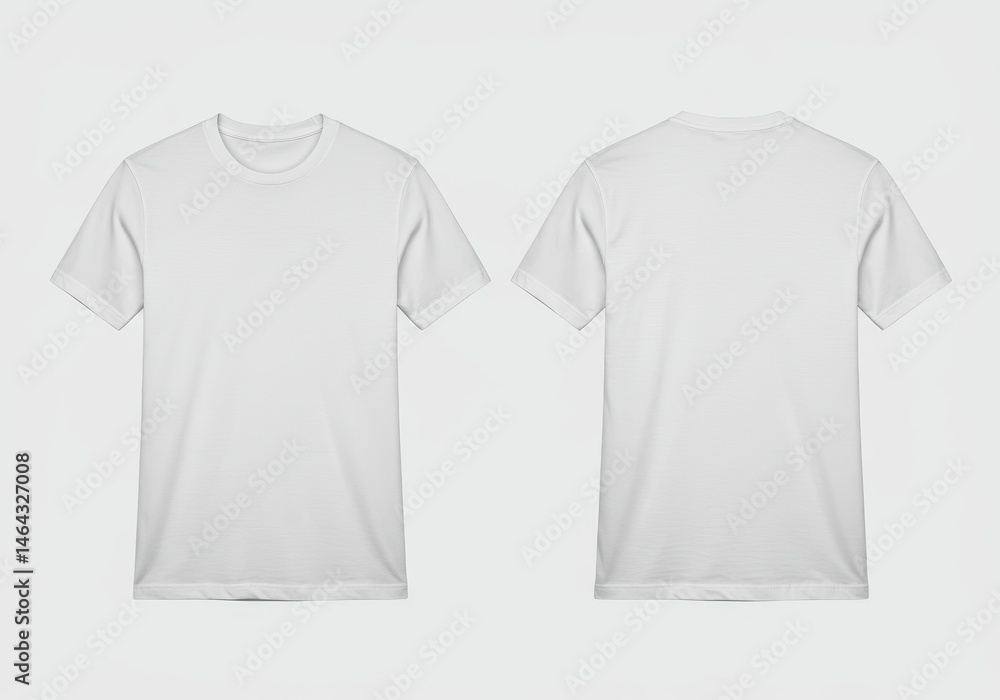 Two white t-shirts, front and back view, on a white background Two white t-shirts, front and back view, on a white background