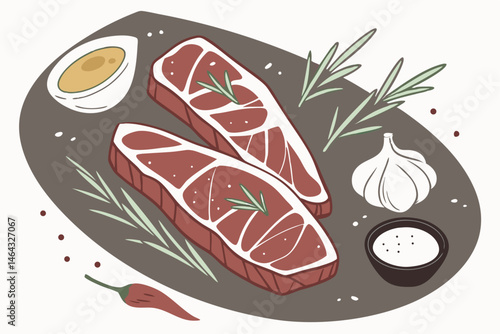 54 Photorealistic raw beef steak slices, oval ceramic platter, rosemary sprigs, garlic bulb, small bowl of sauce, peppercorns, sea salt flakes, mouthwatering juicy texture, soft lighting, studio photo