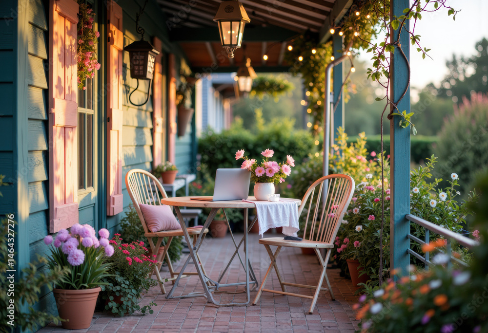Fototapeta premium Cozy outdoor patio with flowers, a laptop, and a charming table setting