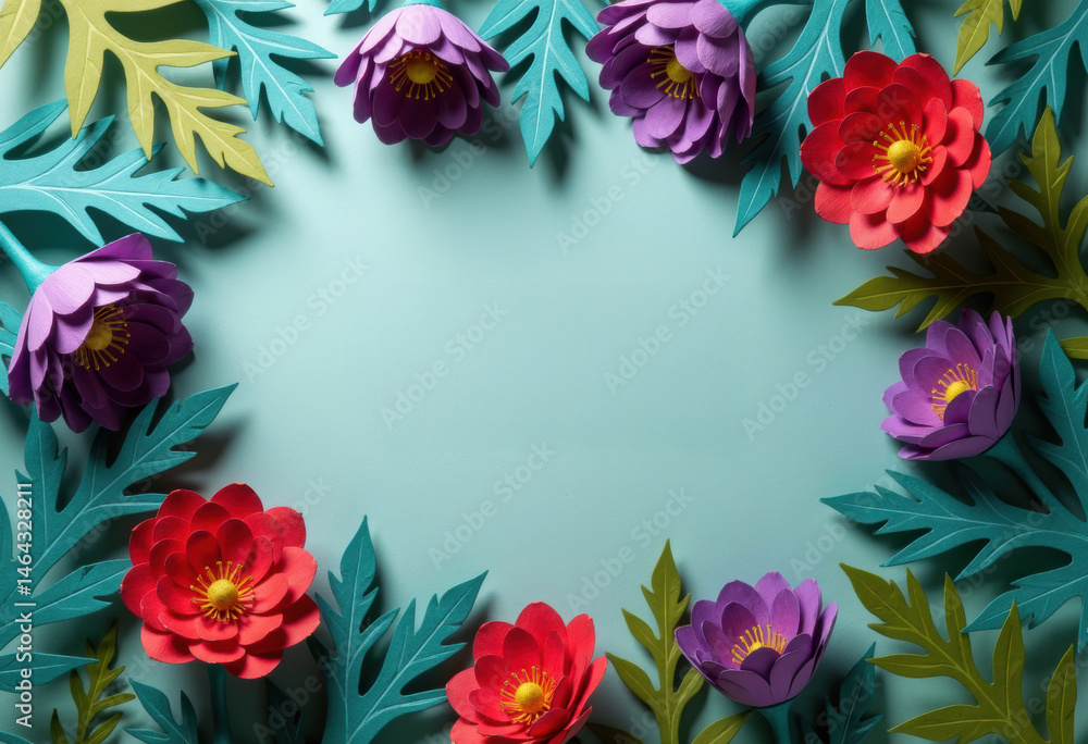 Colorful paper flowers arranged in a circular frame on a blue background Colorful paper flowers arranged in a circular frame on a blue background