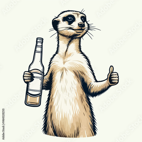 Meerkat with Beer Bottle: A cheerful meerkat holds a bottle of beer, giving a thumbs-up in a fun, vintage-style illustration.