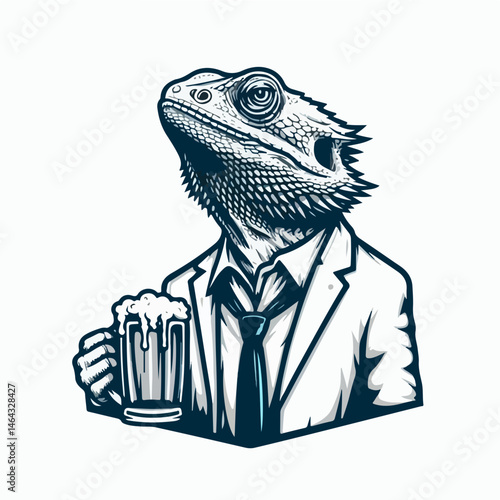 Lizard with Drink: A meticulously crafted black and white illustration that blends the image of a well-dressed lizard holding a mug of drink.