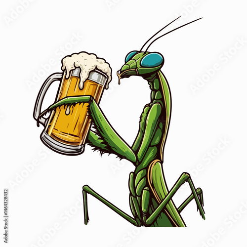 Praying Mantis Toast: A whimsical illustration features a vibrant green praying mantis holding a frothy mug of beer, offering a playful toast and a touch of unique charm.
