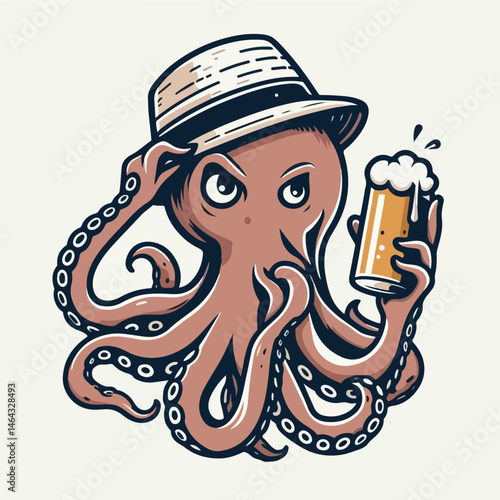 Octopus with Beer: A whimsical illustration depicts an octopus, sporting a stylish hat, holding a frothy beer, in a relaxed and inviting style.