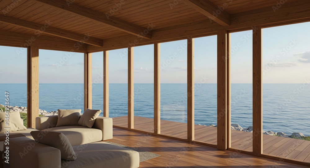 Fototapeta premium Living room with ocean view through windows
