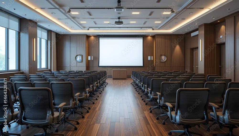 Corporate meeting room, rows of ergonomic chairs facing a blank white presentation screen, warm lighting, polished wood flooring, professional and clean interio Corporate meeting room, rows of ergonomic chairs facing a blank white presentation screen, warm lighting, polished wood flooring, professional and clean interio