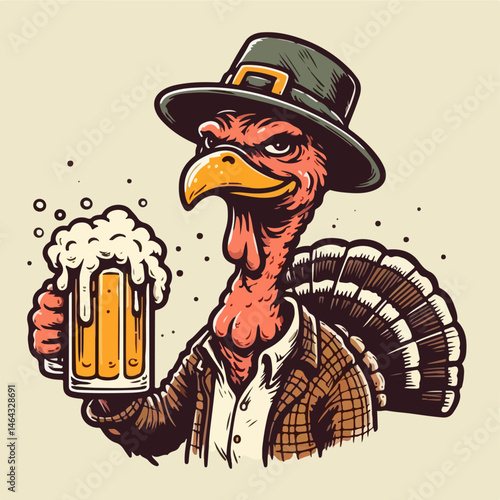 Thanksgiving Turkey's Toast: A comical and jovial turkey character, adorned in festive attire and holding a mug of beer, extends a cheerful toast, capturing the spirit of the holiday. 