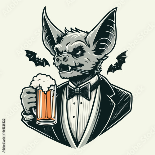 Bat with Beer Mug: A dapper bat, adorned in a tuxedo and a bow tie, holds a frothy beer mug in hand, with two bats in flight enhancing the striking visuals