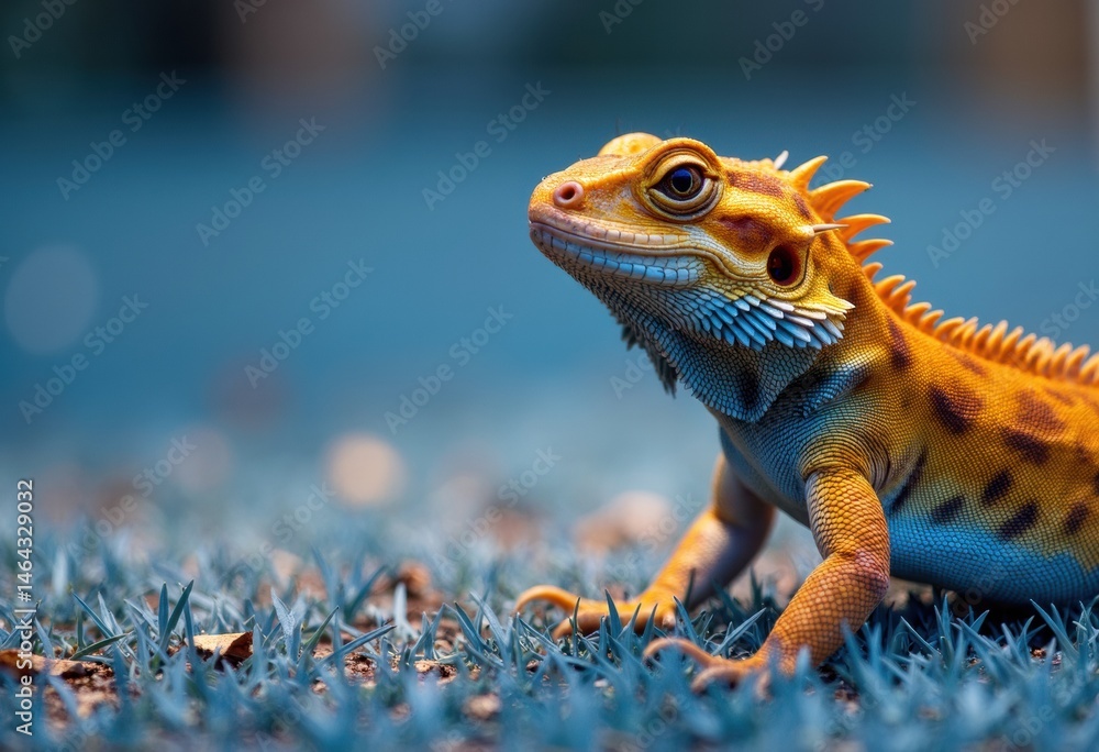 Fototapeta premium A vibrant bearded dragon basking on a bed of blue grass