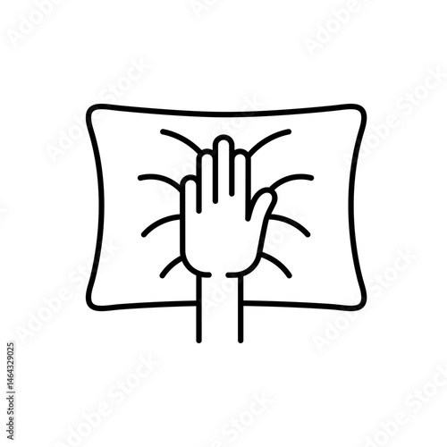 Memory foam pillow icon with hand imprint symbolizing pressure relief and body contour support used in ergonomic sleep branding line icon in vector with editable stroke