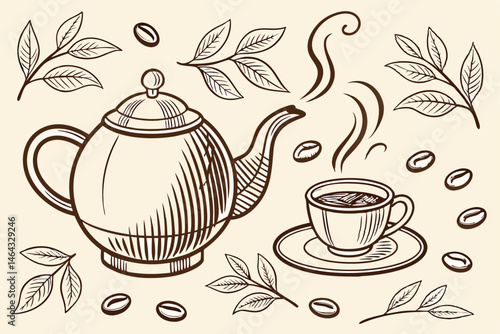 55 Vintage tea illustration, hand-drawn teapot and cup, sepia tones, coffee beans, steam wisps, green tea leaves, textured paper background, ink sketch style, warm muted colors, detailed linework, nos