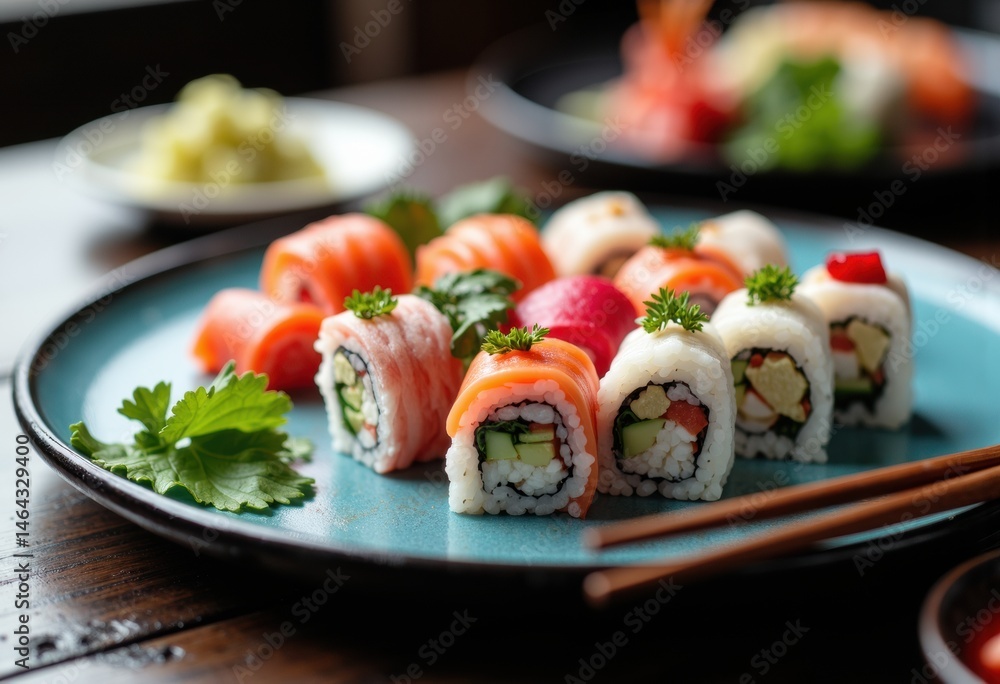 Colorful sushi rolls arranged on a blue plate with fresh herbs and chopsticks Colorful sushi rolls arranged on a blue plate with fresh herbs and chopsticks