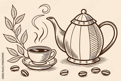 55 Vintage tea illustration, hand-drawn teapot and cup, sepia tones, coffee beans, steam wisps, green tea leaves, textured paper background, ink sketch style, warm muted colors, detailed linework, nos