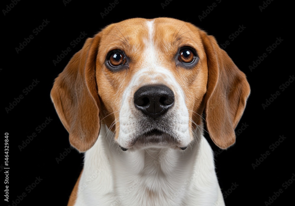 Portrait of a beagle dog with brown and white fur against a black background Portrait of a beagle dog with brown and white fur against a black background