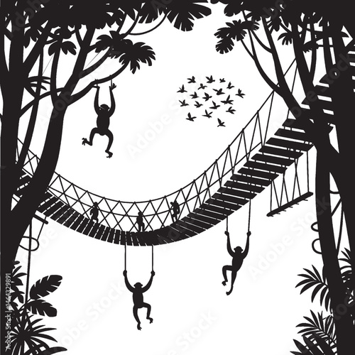 Canopy Walkway Above Tropical Forest with Monkeys and Birds – Black and White Silhouette Illustration