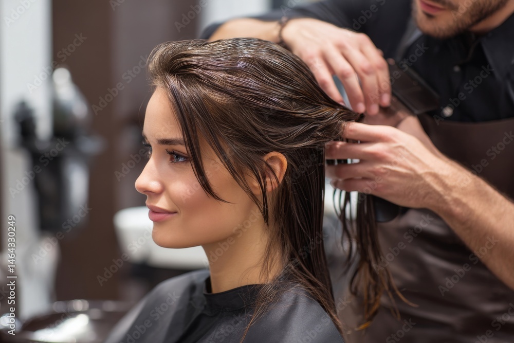 Naklejka premium A woman gets a haircut at the salon, with a barber skillfully styling her wet, shiny hair.