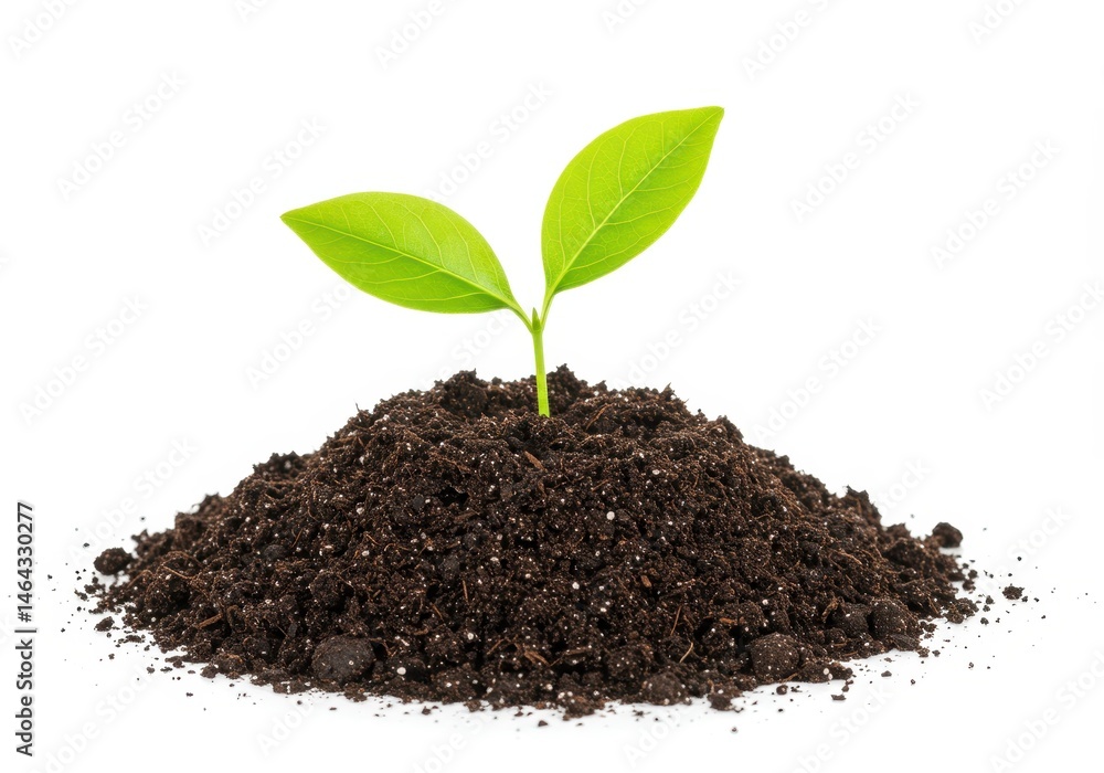 Small green sprout emerging from a mound of dark soil against a clean white background Small green sprout emerging from a mound of dark soil against a clean white background