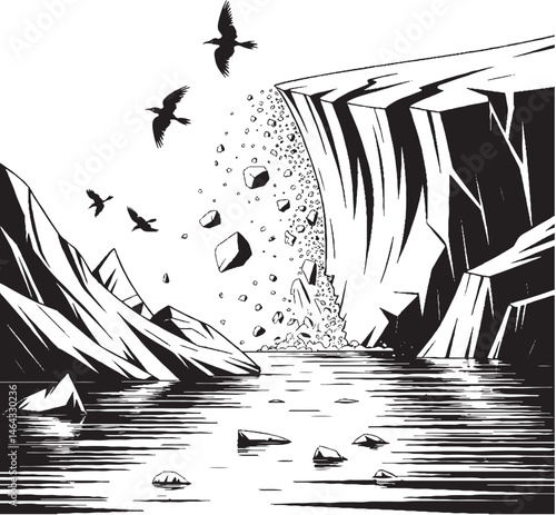 Glacier Calving into Sea with Ice Chunks and Sea Birds – Black and White Vector Illustration
