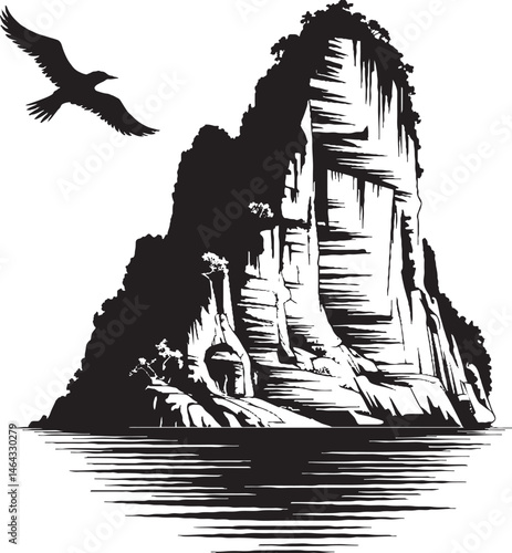 Karst Limestone Cliff Rising from Calm Tropical Sea – Black and White Vector Silhouette