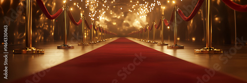 A red carpet event with golden stanchions and a shimmering, festive ambiance. The image evokes prestige, celebration, and anticipation.