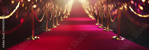 A vibrant red carpet awaits, lined with golden stanchions and shimmering ropes, inviting guests into a world of glamour and prestige. Spotlight shines at the end.