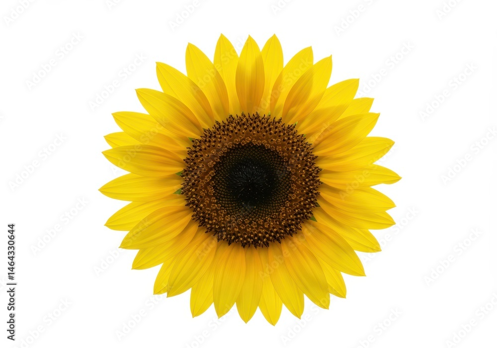 Fototapeta premium A vibrant sunflower blossom with bright yellow petals and a dark center on a white background