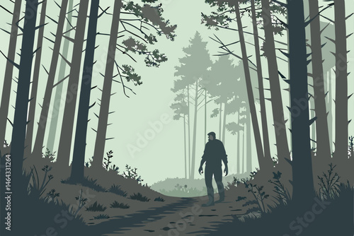 56 Zombie in misty forest, decaying humanoid figure, eerie atmosphere, tall pine trees, foggy woodland path, dim sunlight filtering through branches, dark silhouettes, atmospheric horror, cinematic li