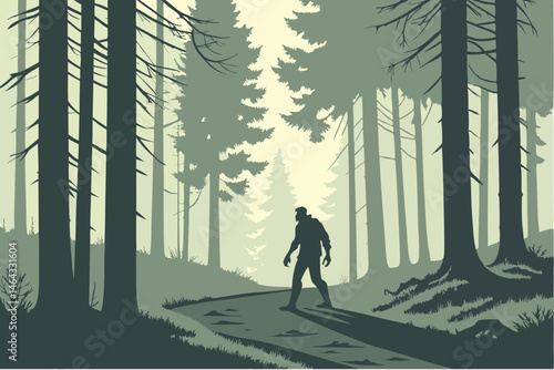56 Zombie in misty forest, decaying humanoid figure, eerie atmosphere, tall pine trees, foggy woodland path, dim sunlight filtering through branches, dark silhouettes, atmospheric horror, cinematic li
