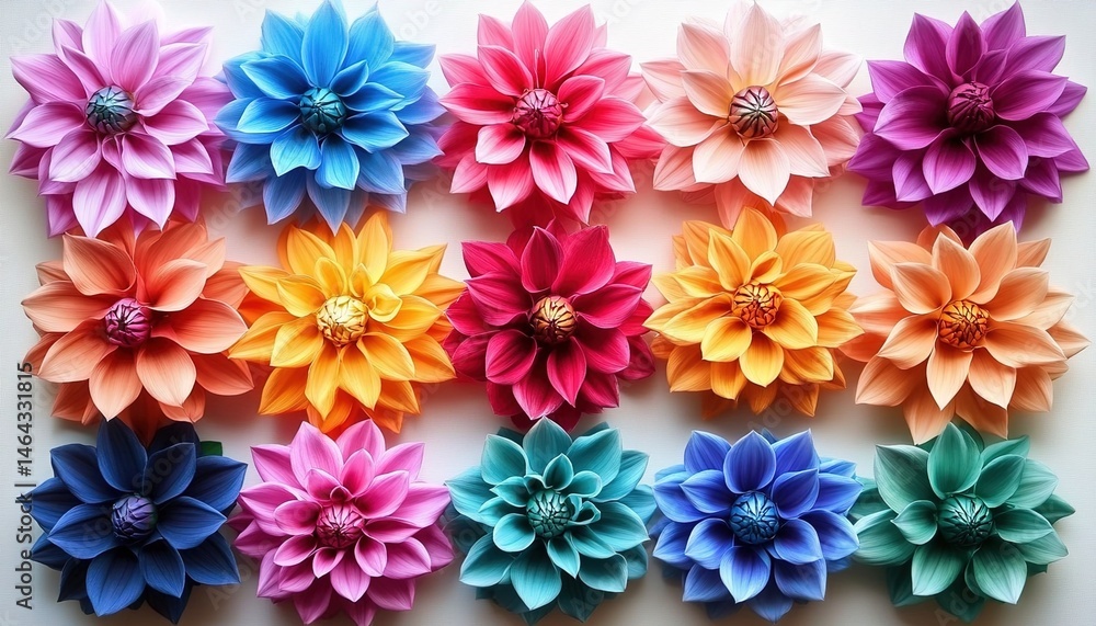 A group of colorful large-petaled flowers arranged A group of colorful large-petaled flowers arranged