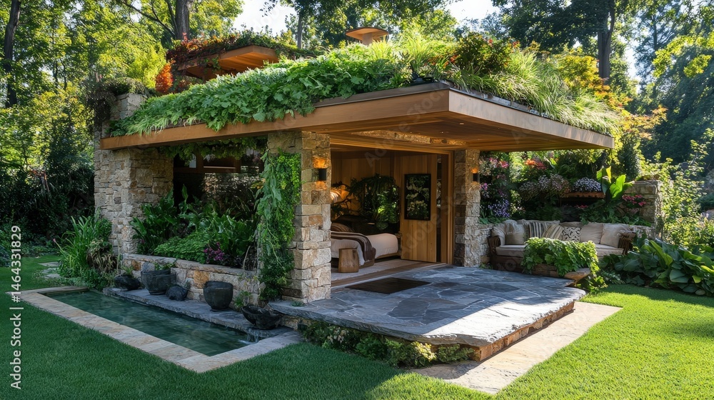 A luxury dog house with a rooftop garden, featuring natural stone walls, an open porch area, and lush plants growing around the structure A luxury dog house with a rooftop garden, featuring natural stone walls, an open porch area, and lush plants growing around the structure