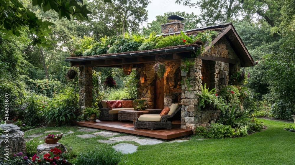 A luxury dog house with a rooftop garden, featuring natural stone walls, an open porch area, and lush plants growing around the structure A luxury dog house with a rooftop garden, featuring natural stone walls, an open porch area, and lush plants growing around the structure