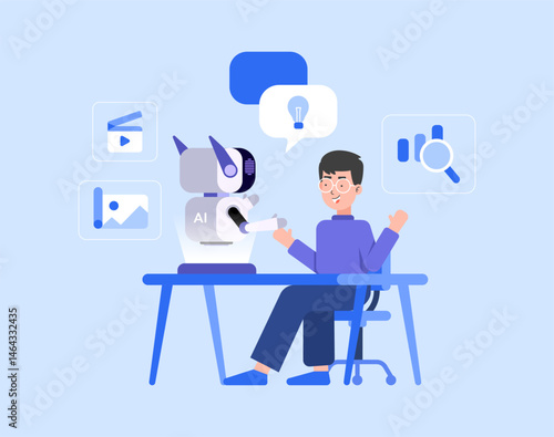 Young Adult Man using AI Assistant to Create Creativity Media with Productivity Research Working, Analyzing, Talking with Artificial Intelligence Robot. Minimal Characters Vector Cartoon illustration.