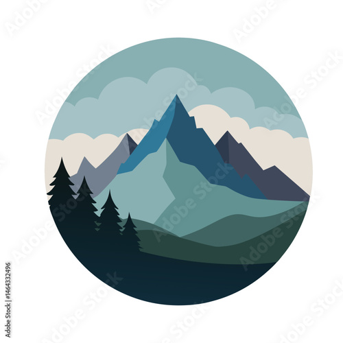 Simple vector mountain landscape with layered trees, soft clouds, and earthy tones. Minimalist design perfect for backgrounds, posters, or digital art.