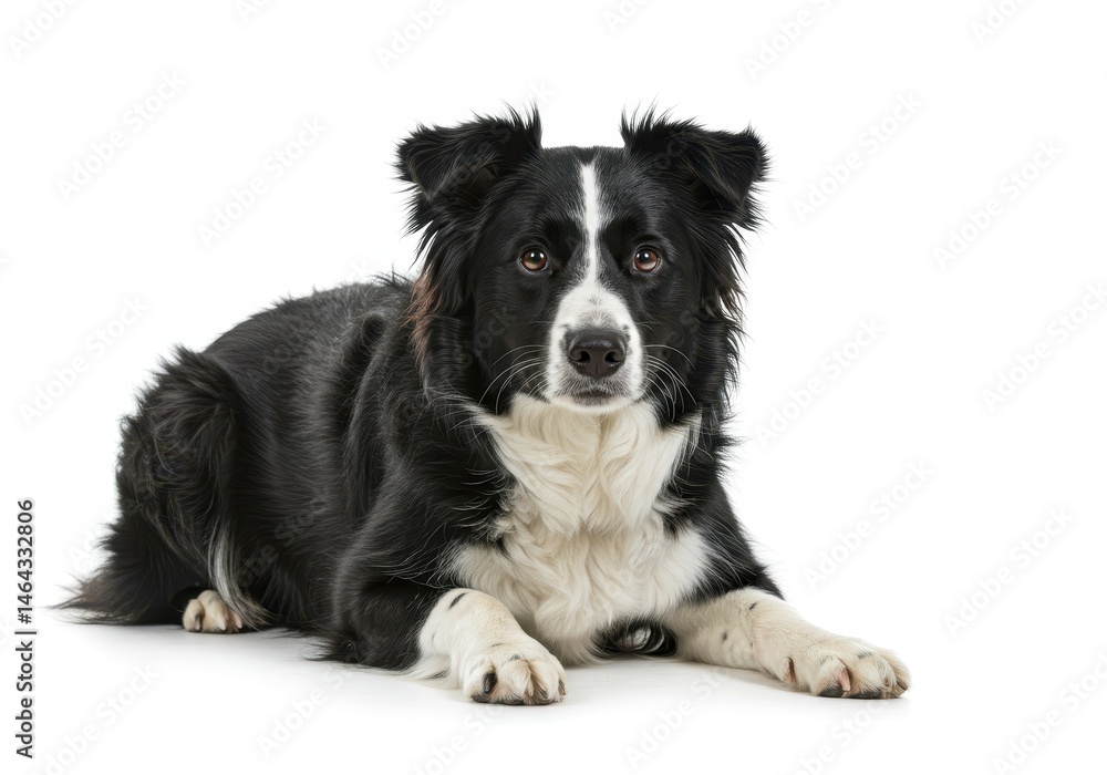Attentive border collie lying down on a white background looking directly at the camera with a serious expression Attentive border collie lying down on a white background looking directly at the camera with a serious expression