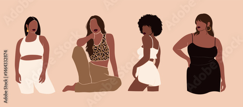 set of illustrations, abstract no face portraits of black women in pajamas outfit, comfy sleepwear, beautiful black african girls in loungewear, isolated vector