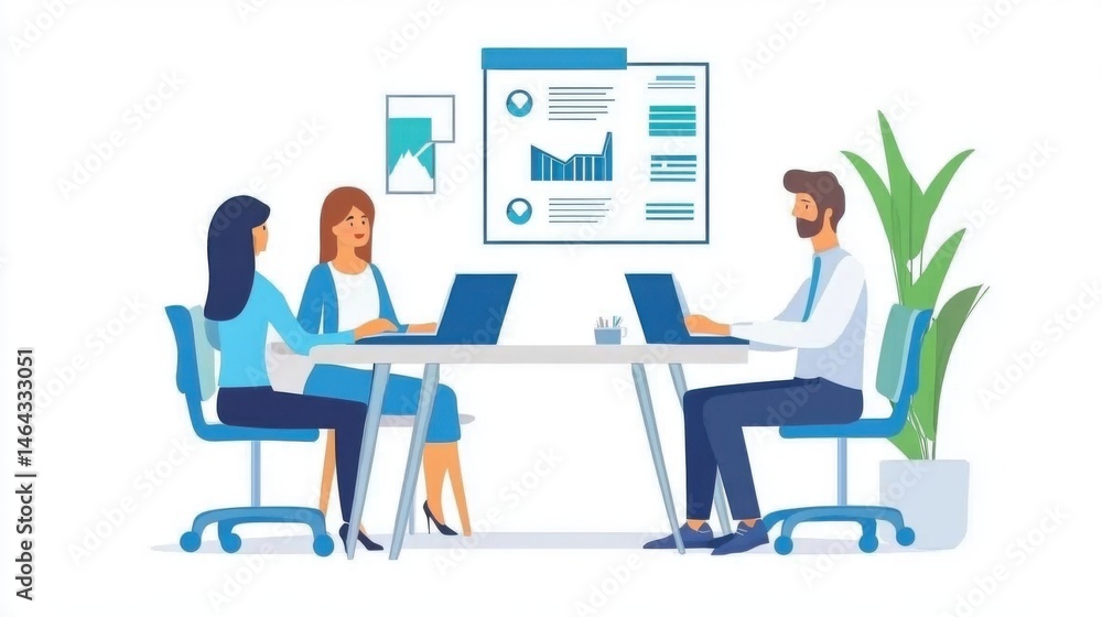 Collaborative business meeting illustration, focusing on teamwork and data analysis Collaborative business meeting illustration, focusing on teamwork and data analysis