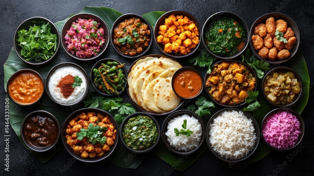 Assorted Indian dishes in small bowls, a colourful array of curries, rice, and naan bread Assorted Indian dishes in small bowls, a colourful array of curries, rice, and naan bread