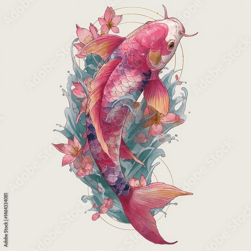 Vibrant pink koi fish amidst delicate floral design.