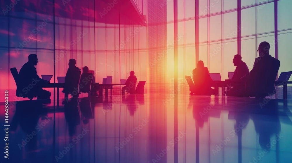 Fototapeta premium Corporate team synergy modern board meeting at sunset in contemporary office