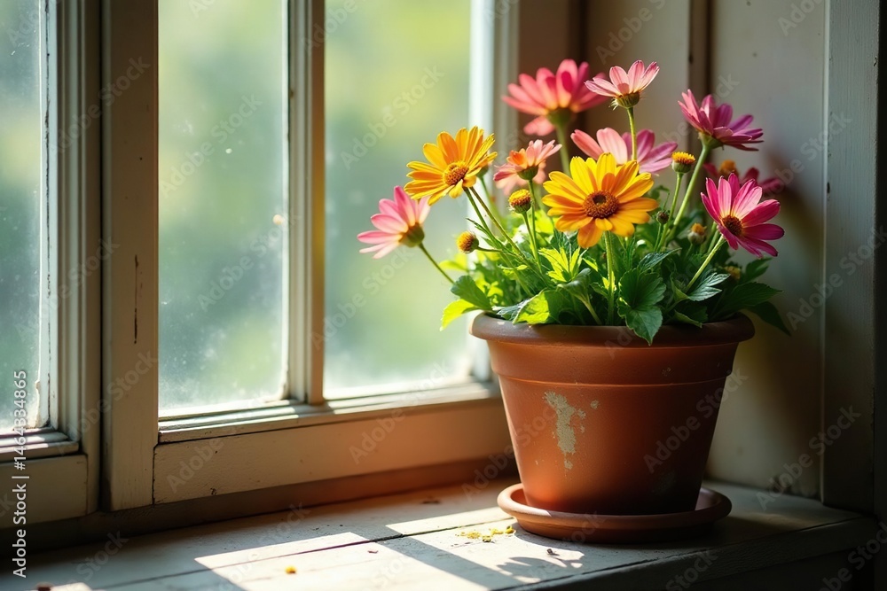 Fototapeta premium Wildflowers in a weathered terracotta pot, sun-drenched windowsill, light, old