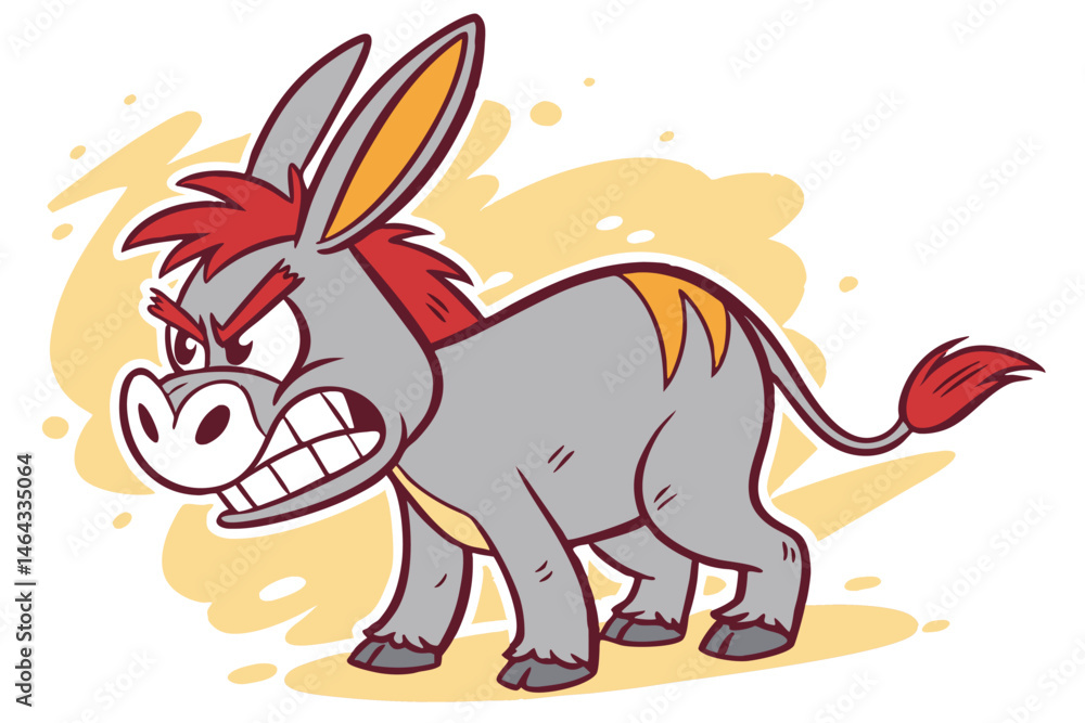 Fototapeta premium 58 Cartoon angry donkey, stylized illustration, big ears, red mane, fierce expression, gritted teeth, gray fur, orange highlights, short tail, compact body, determined stance, textured background, vec