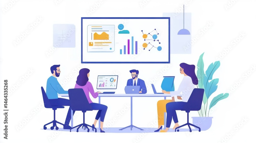 Collaborative business meeting with data analysis and strategic planning visualized Collaborative business meeting with data analysis and strategic planning visualized