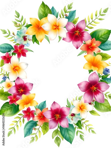 Watercolor Exotic Flowers Wreath PNG on Transparent Background , Botanical Isolated Spring Overlay, Floral Arrangement with Circle Frame,Colorful Flower Illustration for Summer Card Design