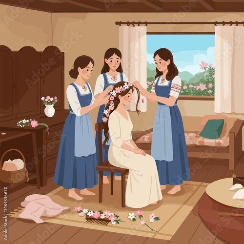Woman Preparing for Celebration with Flower Crown with Friends Helping