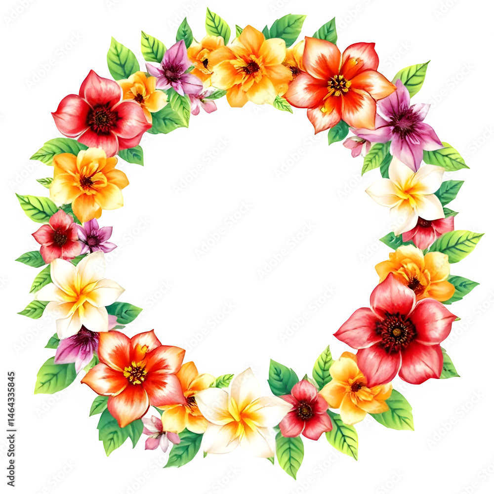 Obraz premium Watercolor Exotic Flowers Wreath PNG on Transparent Background , Botanical Isolated Spring Overlay, Floral Arrangement with Circle Frame,Colorful Flower Illustration for Summer Card Design