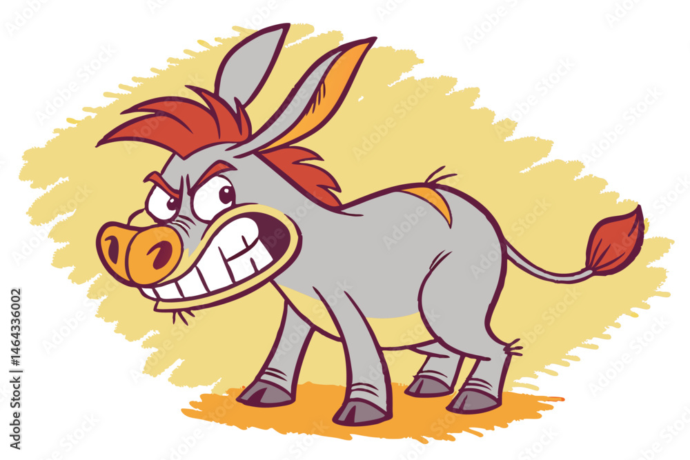 Fototapeta premium 58 Cartoon angry donkey, stylized illustration, big ears, red mane, fierce expression, gritted teeth, gray fur, orange highlights, short tail, compact body, determined stance, textured background, vec