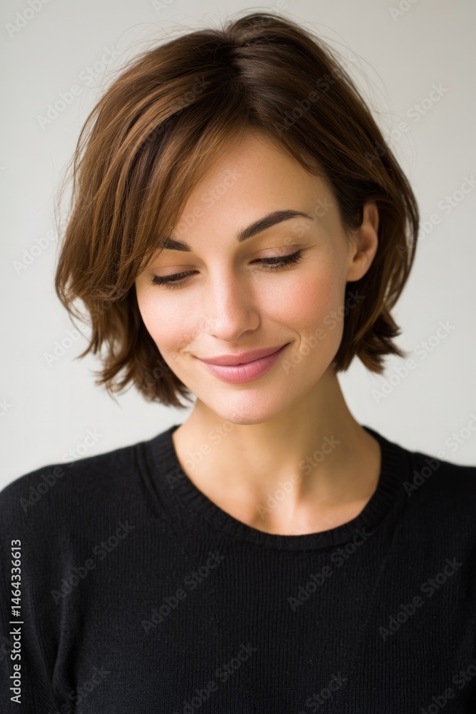 Woman looks down in studio. Headshot for social media profile, blog, content Woman looks down in studio. Headshot for social media profile, blog, content