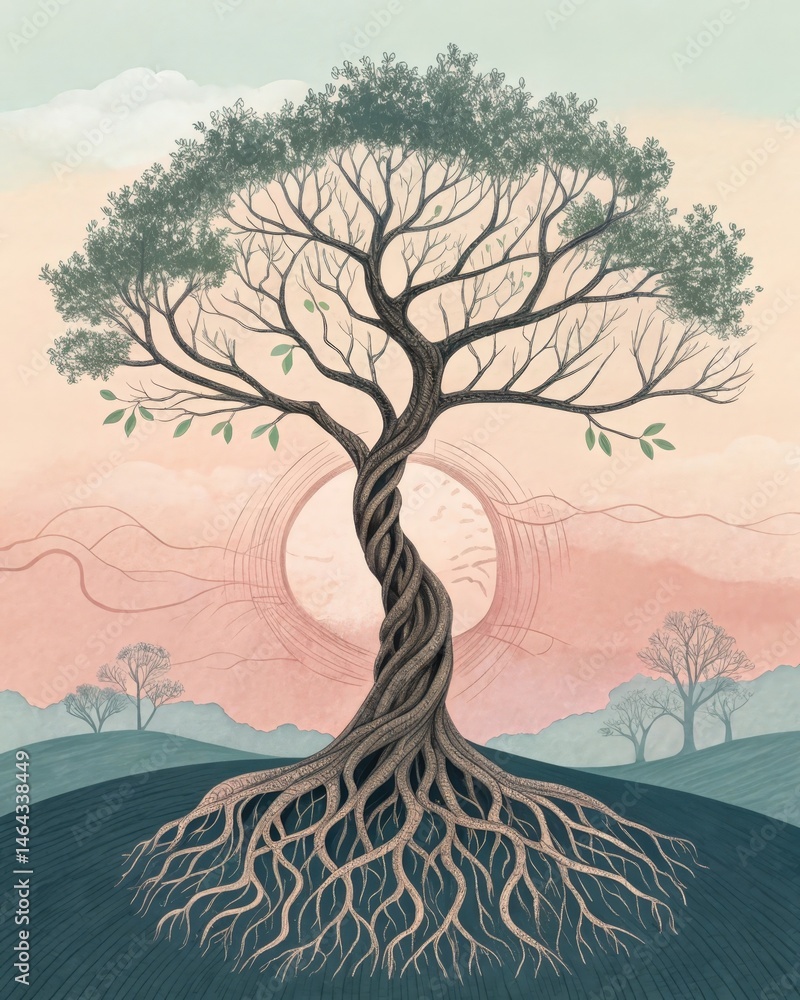 A twisted tree sculpture with roots intertwined and branches reaching skyward representing grounding in the present and the growth that comes from mindfulness.