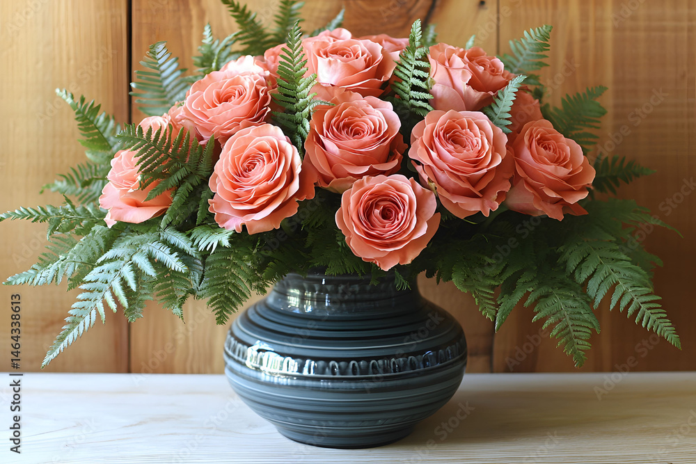 Elegant Floral Arrangement with Peach Roses and Green Ferns in Ceramic Vase for Home Decor