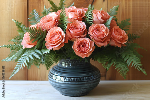 Elegant Floral Arrangement with Peach Roses and Green Ferns in Ceramic Vase for Home Decor